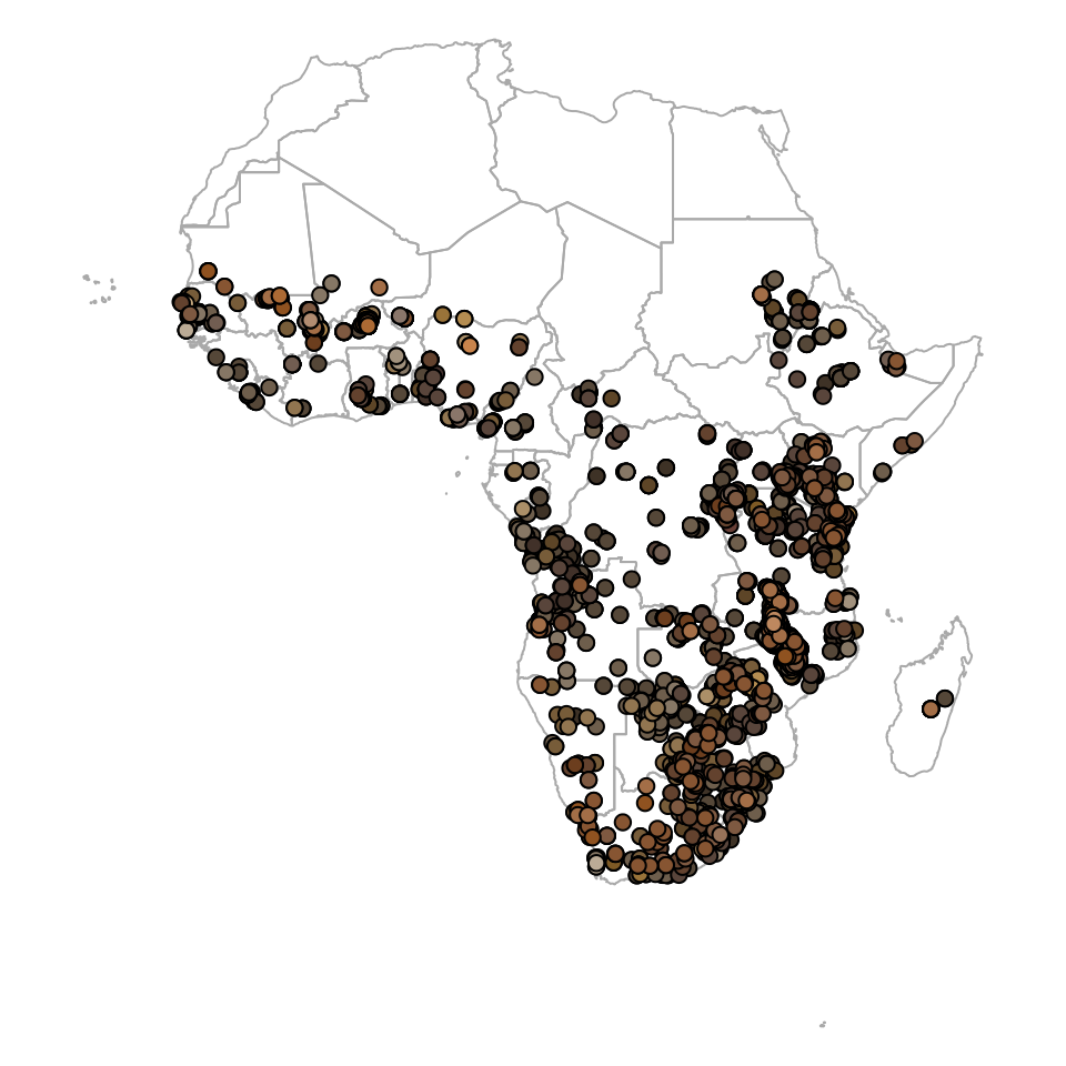 Actual observed soil colors (moist) for the top soil based on the Africa Soil Profiles Database.