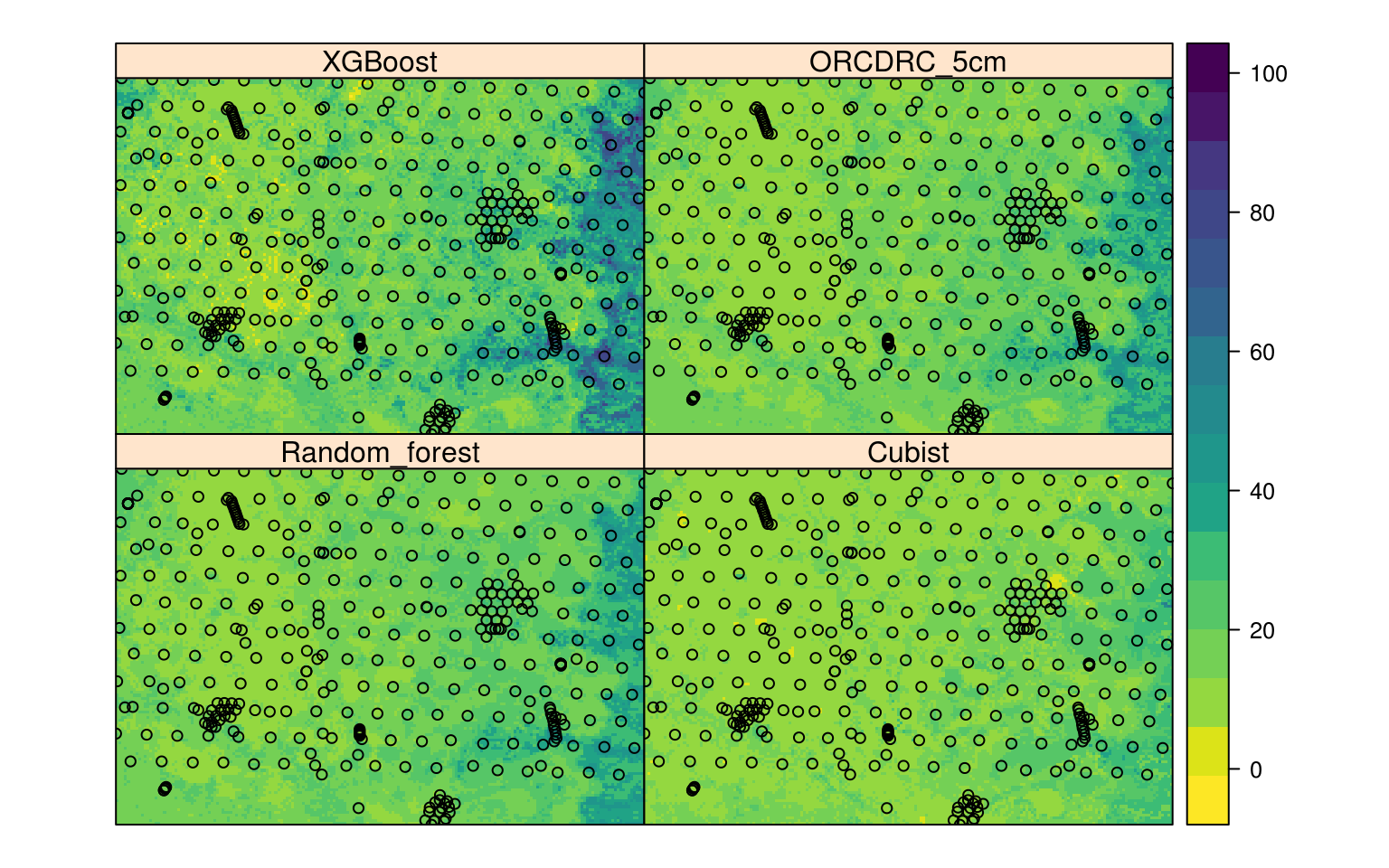 Comparison of three MLA's and the final ensemble prediction (ORCDRC 5cm) of soil organic carbon content for 2.5 cm depth.