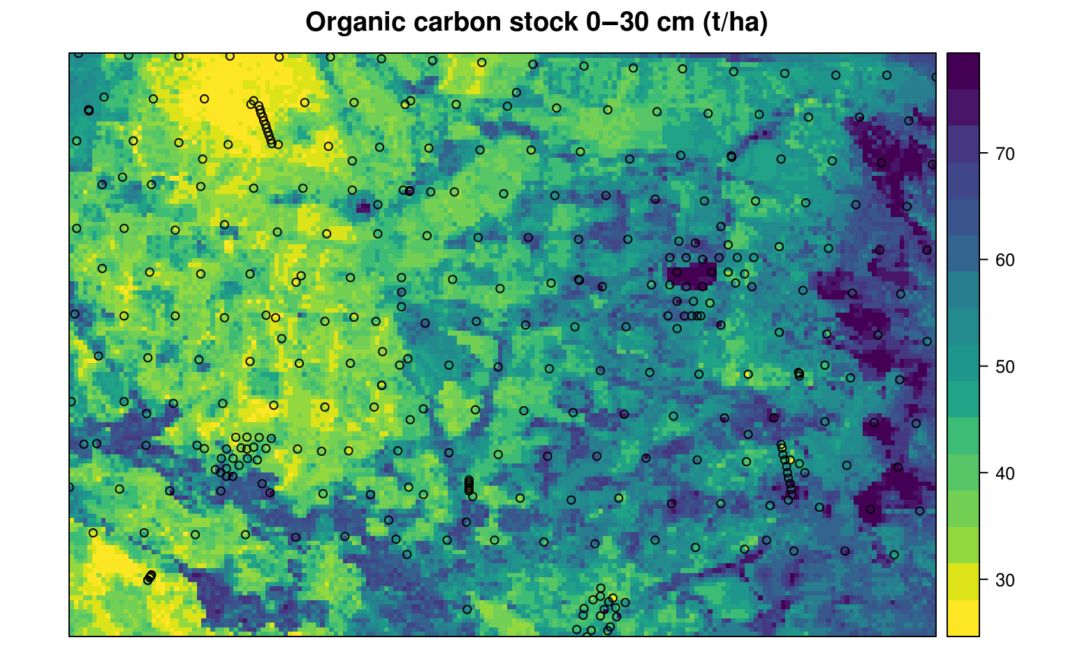 Predicted organic carbon stock for 0–30 cm depth for the Edgeroi data set. All values expressed in tons/ha.