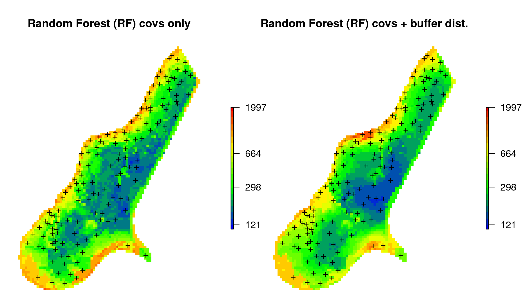 Comparison of predictions (median values) produced using random forest and covariates only (left), and random forest with combined covariates and buffer distances (right).
