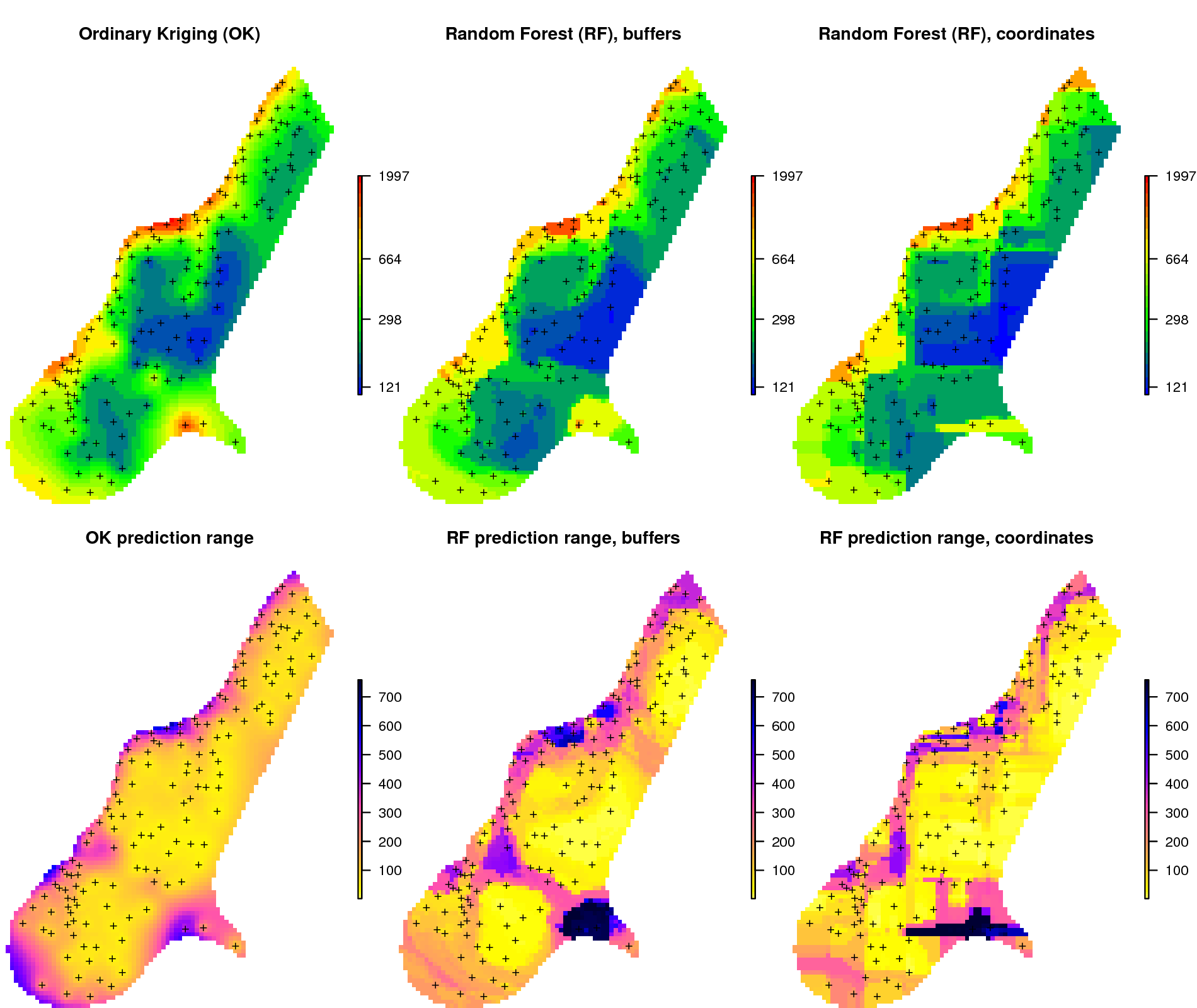 Comparison of predictions based on ordinary kriging as implemented in the geoR package (left) and random forest (right) for Zinc concentrations, Meuse data set: (first row) predicted concentrations in log-scale and (second row) standard deviation of the prediction errors for OK and RF methods. Image source: Hengl et al. (2018) doi: 10.7717/peerj.5518.