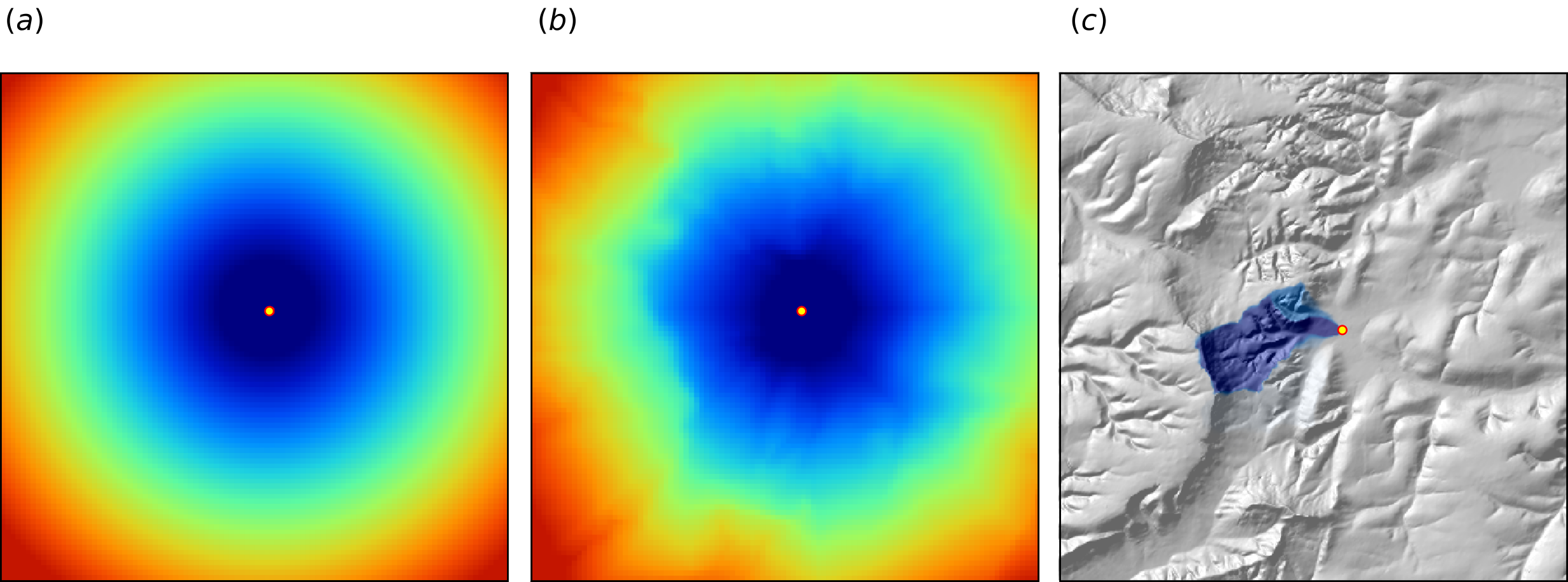 Examples of distance maps to some location in space (yellow dot) based on different derivation algorithms: (a) simple Euclidean distances, (b) complex speed-based distances based on the gdistance package and Digital Elevation Model (DEM), and (c) upslope area derived based on the DEM in SAGA GIS. Image source: Hengl et al. (2018) doi: 10.7717/peerj.5518.