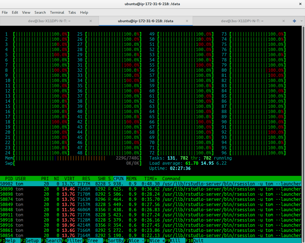 Example of an AWS dedicated server running spatial predictions on 96 threads and using almost 500GB of RAM. Renting out this server can cost up to 8 USD per hour.