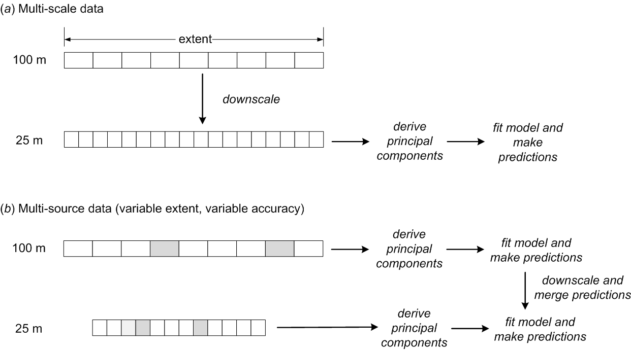 A general scheme for generating spatial predictions using multiscale and multisource data.