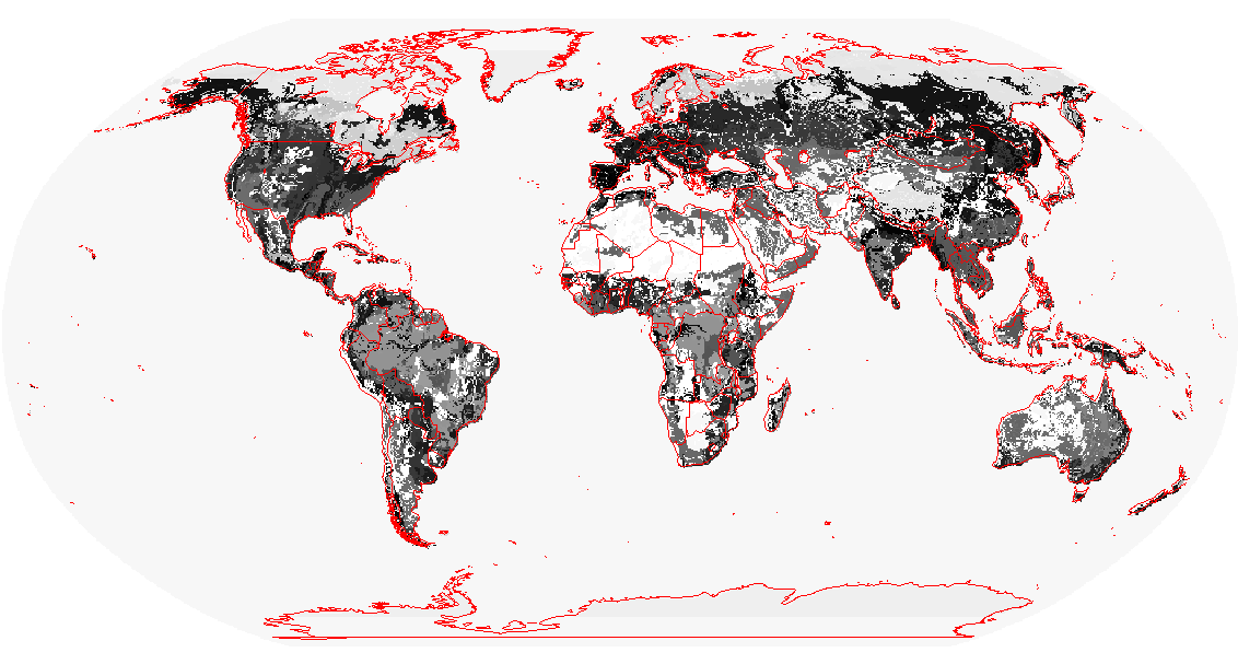 The USDA-NRCS map of the Keys to Soil Taxonomy soil suborders of the world at 20 km. The map shows the distribution of 12 soil orders. The original map also contains assumed distributions for suborders e.g. Histels, Udolls, Calcids, and similar. Projected in the Robinson projection commonly used to display world maps.