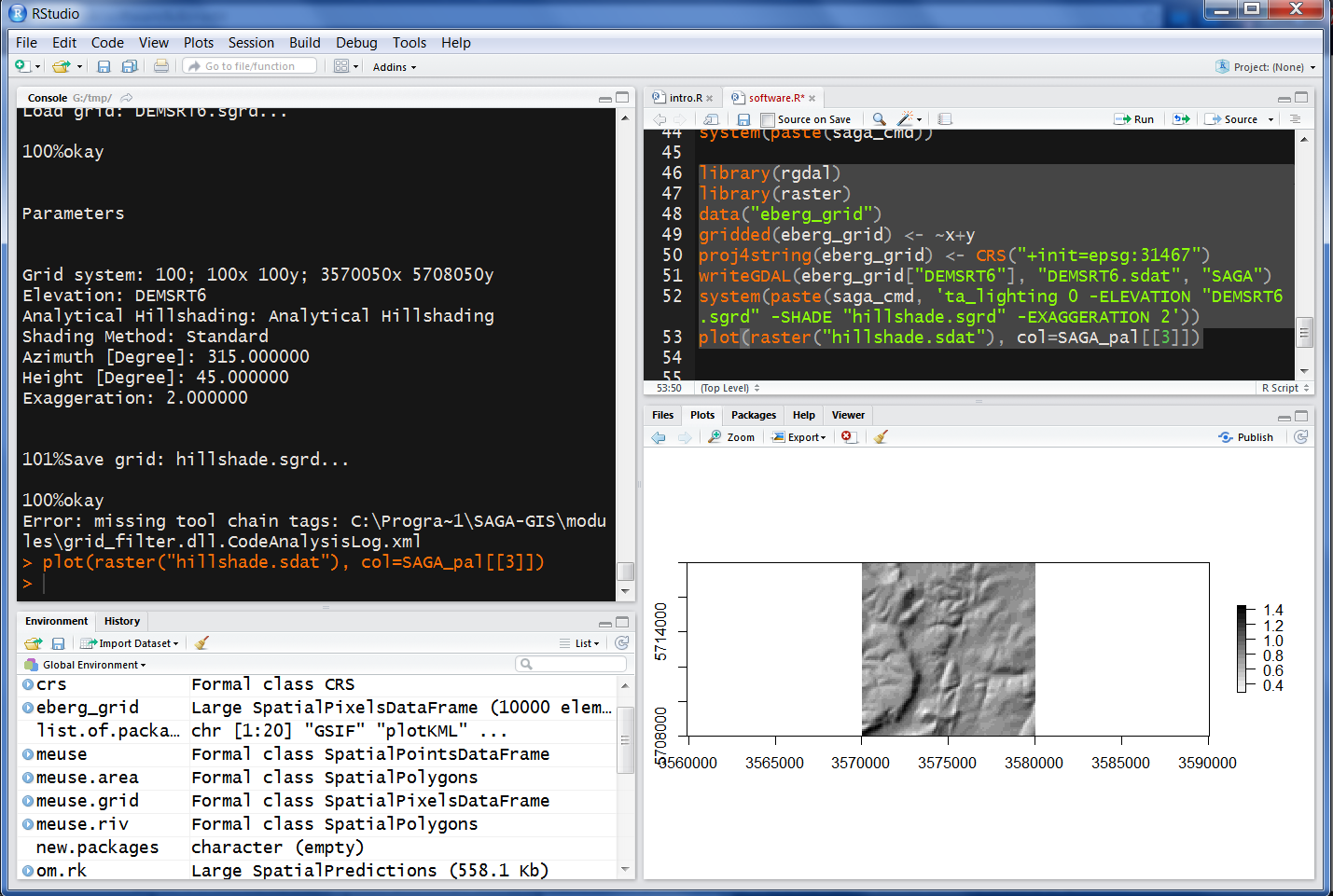 Deriving hillshading using SAGA GIS and then visualizing the result in R.