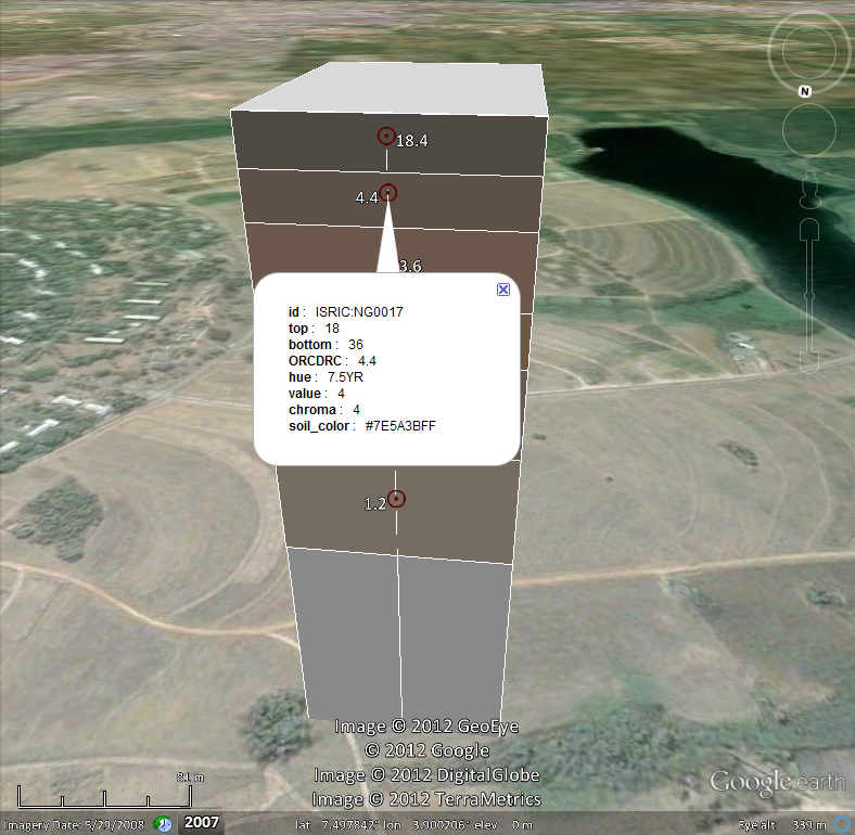 Soil profile from Nigeria plotted in Google Earth with actual observed colors.